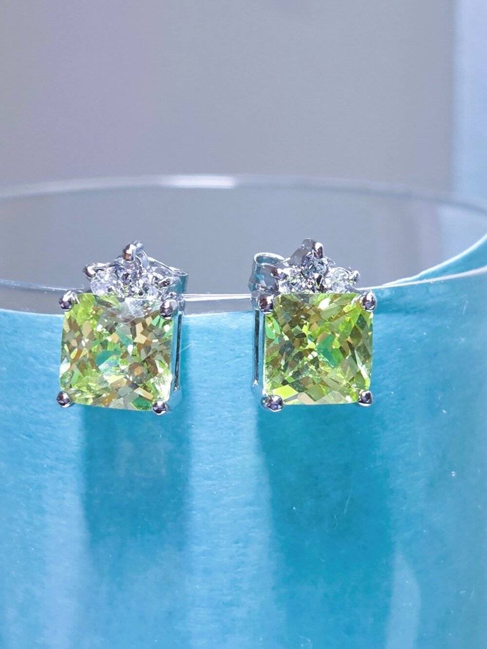 Sterling Silver .925 Diamond Cut Canary Yellow into Green CZ Studs Earrings